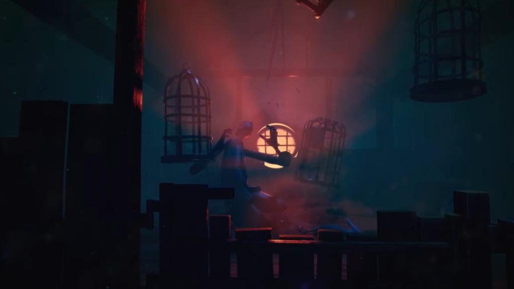 Mother Janna looking up at falling cages as Sophie drops to the ground