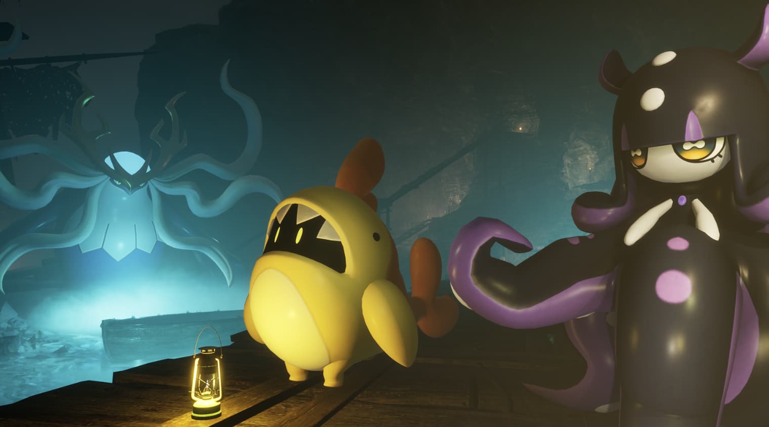 A screenshot from Palworld shows off a couple new pals, including a shadow creature in a yellow dinosaur suit.