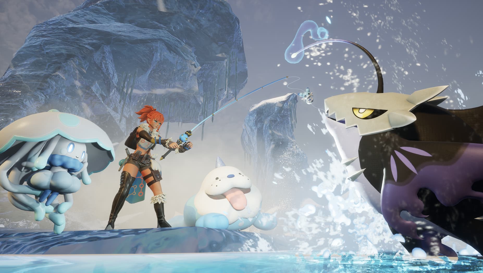 The player character from Palworld holds a blue fishing rod as ice and water types surround them.