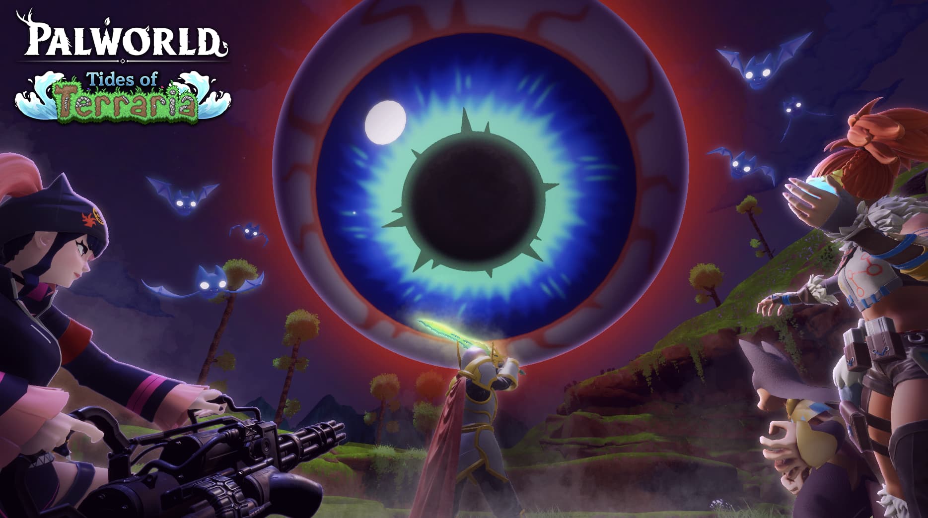 Promotional art for Tides of Terraria, showing a giant blue eye against a red and purple sky.