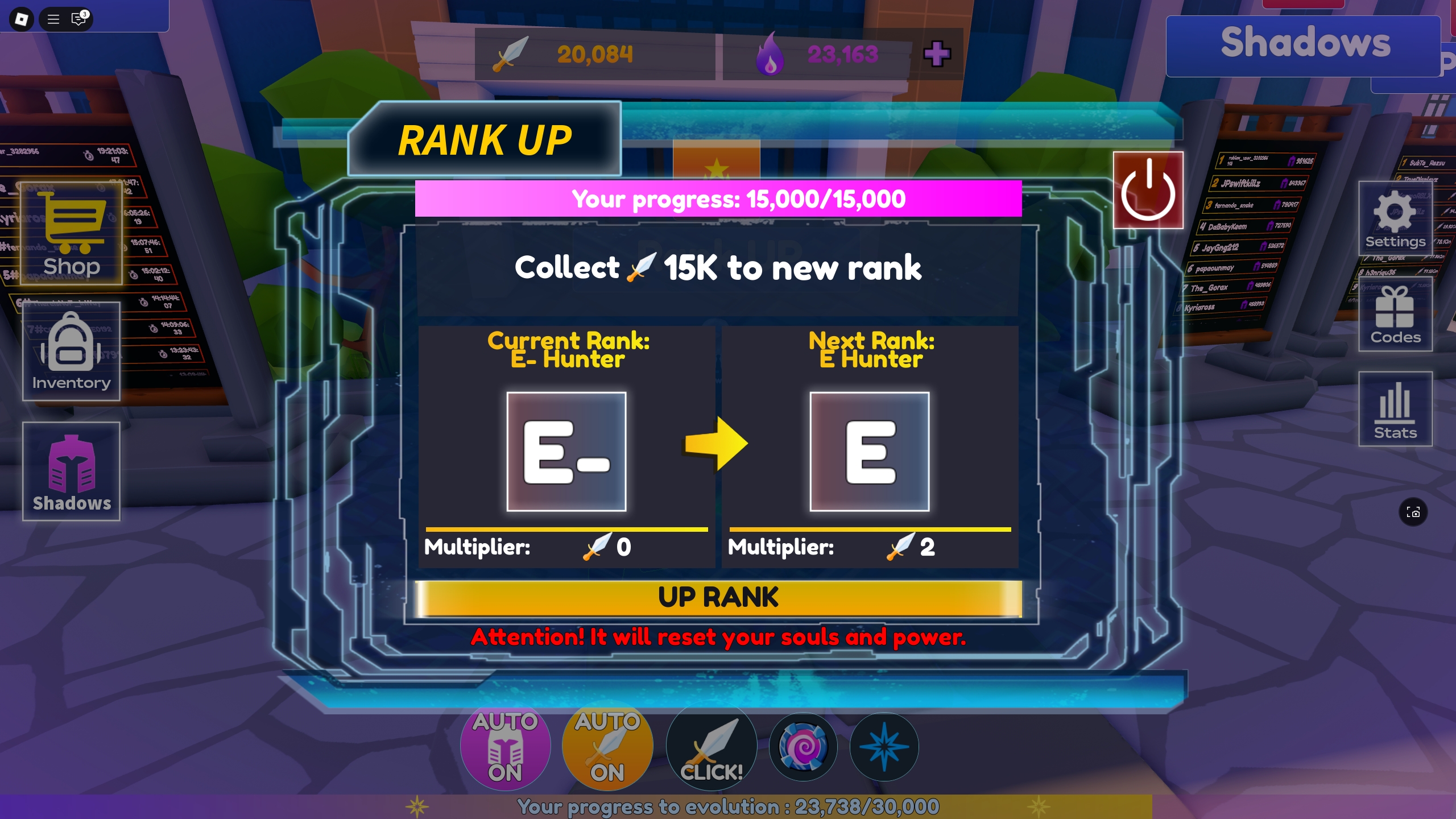 Anime Arise Evolution player is about to rank up