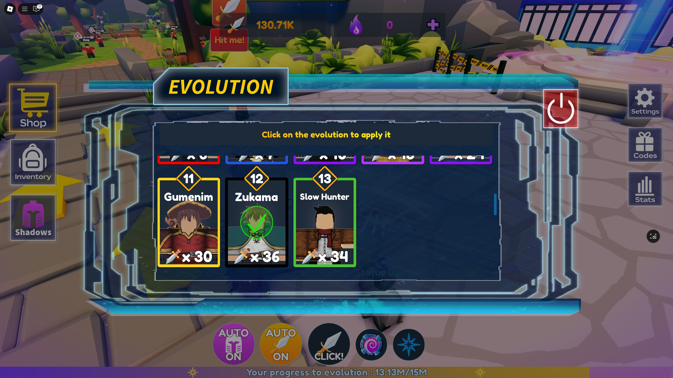 An Anime Arise Evolution player is looking at the Shadow Units