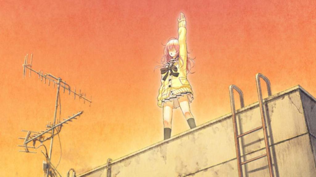 Aoi standing on top of a root, pointing towards the sky