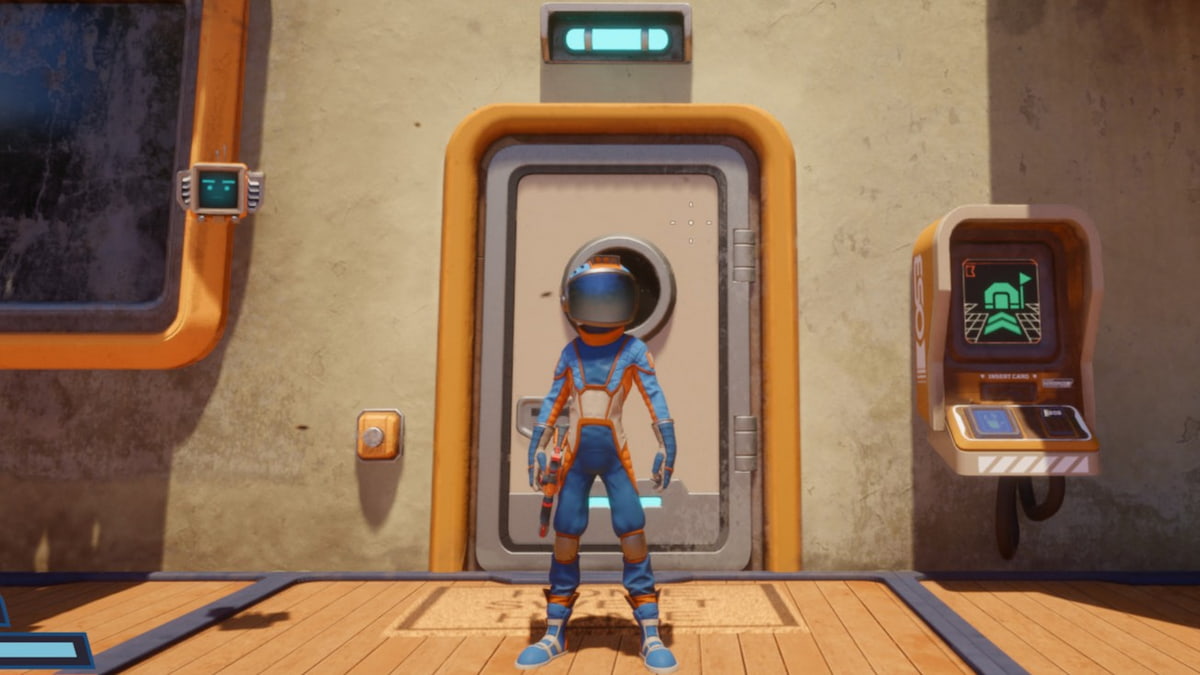 Playable character in front of Habitat