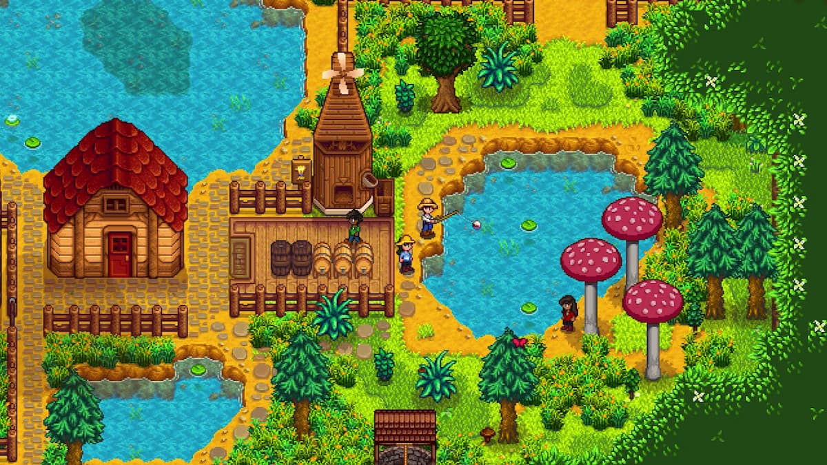 A little township by a lake in Stardew Valley