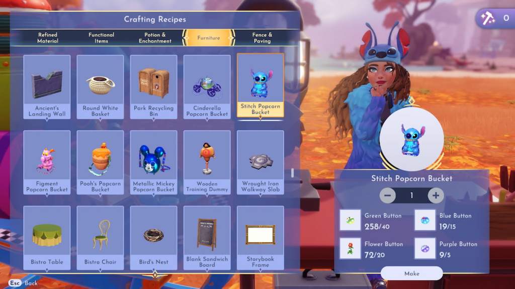 Crafting Stitch Popcorn Bucket in Disney Dreamlight Valley