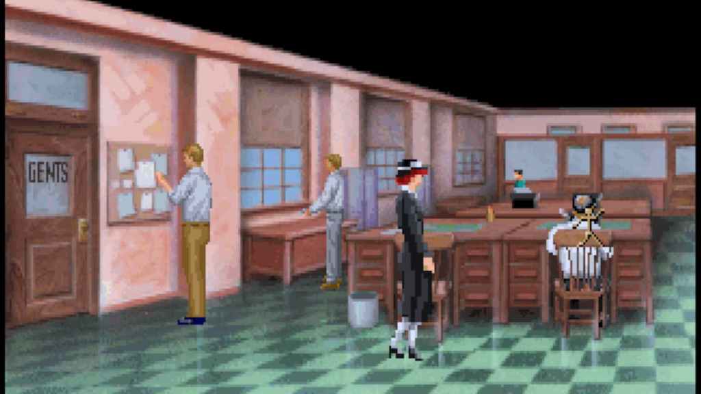 A woman stands in an office with several men around her performing work in The Dagger of Amon Ra. 