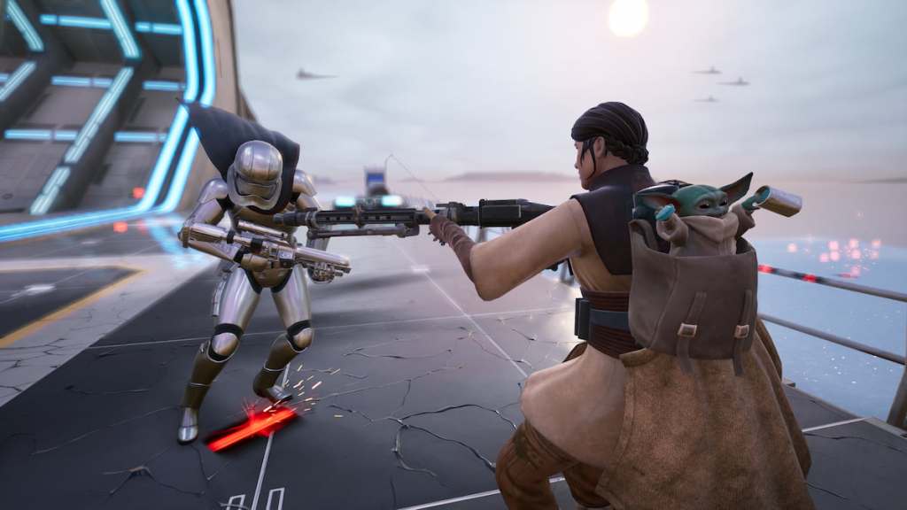 Princess Leia with Grogu fighting Captain Phasma in Fortnite