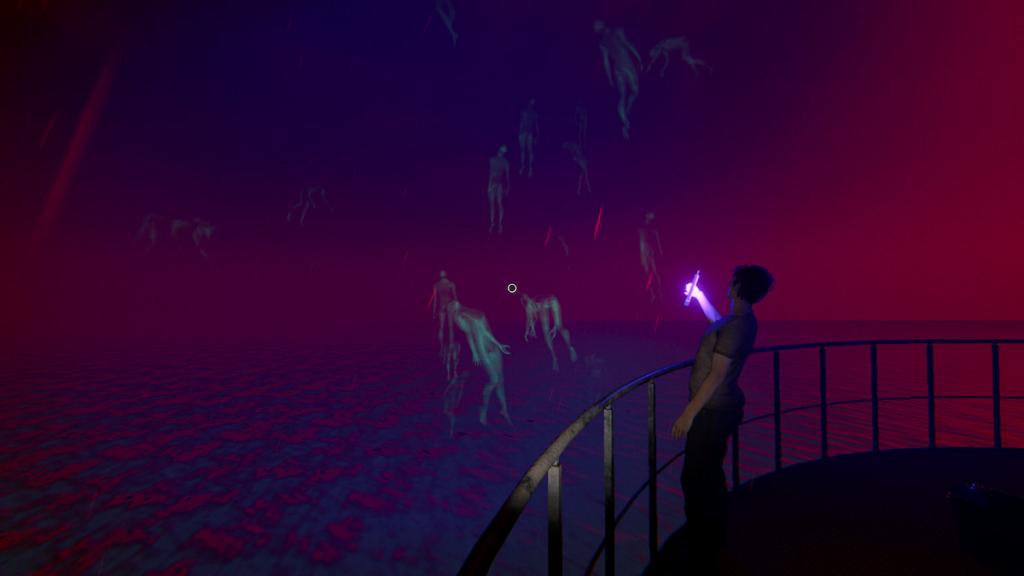 Ghosts floating in a purple and red sky in Phasmophobia