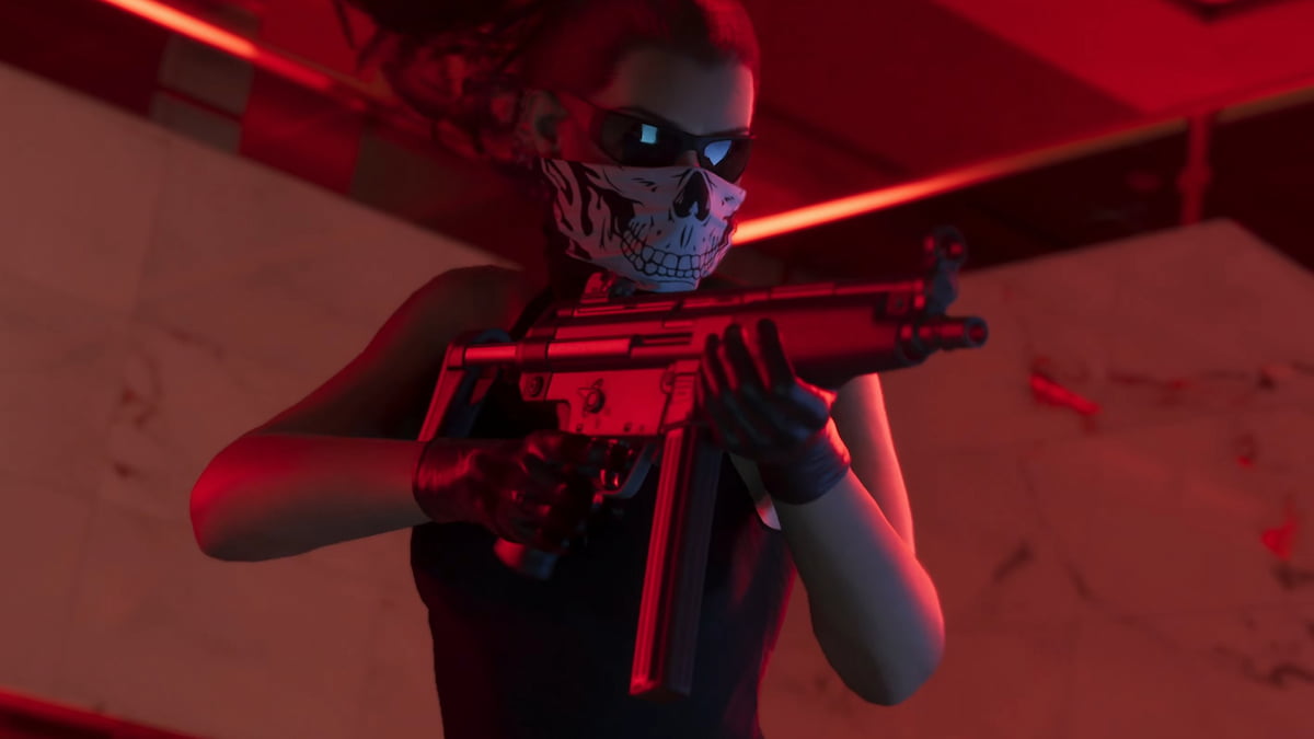 Lucia wielding a gun