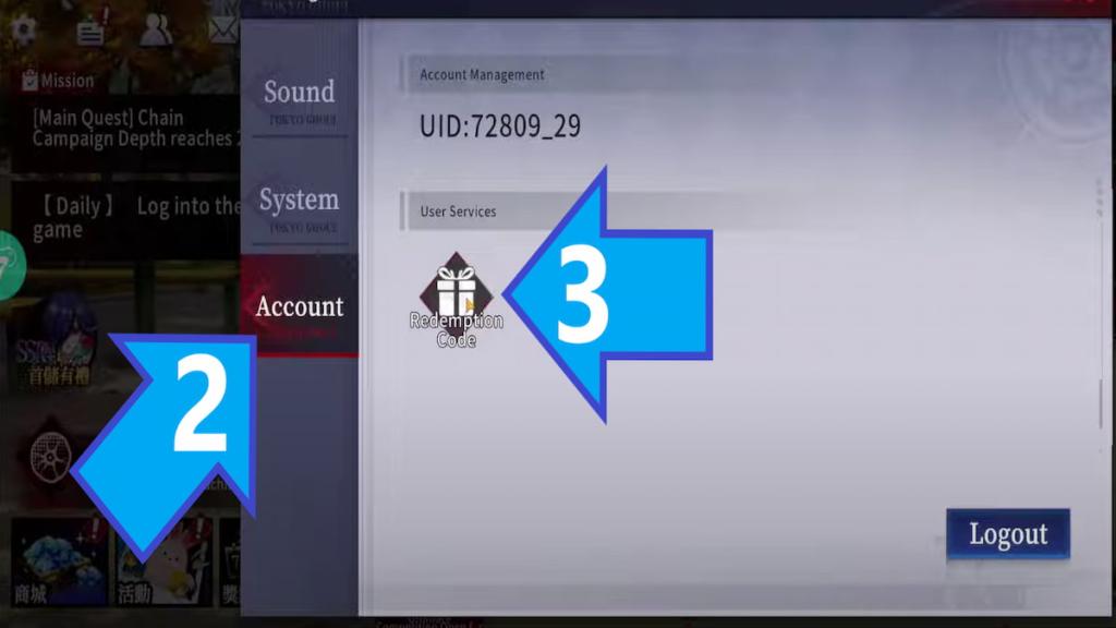 Tokyo Ghoul: Awakening Redemption Code button in the Account tab