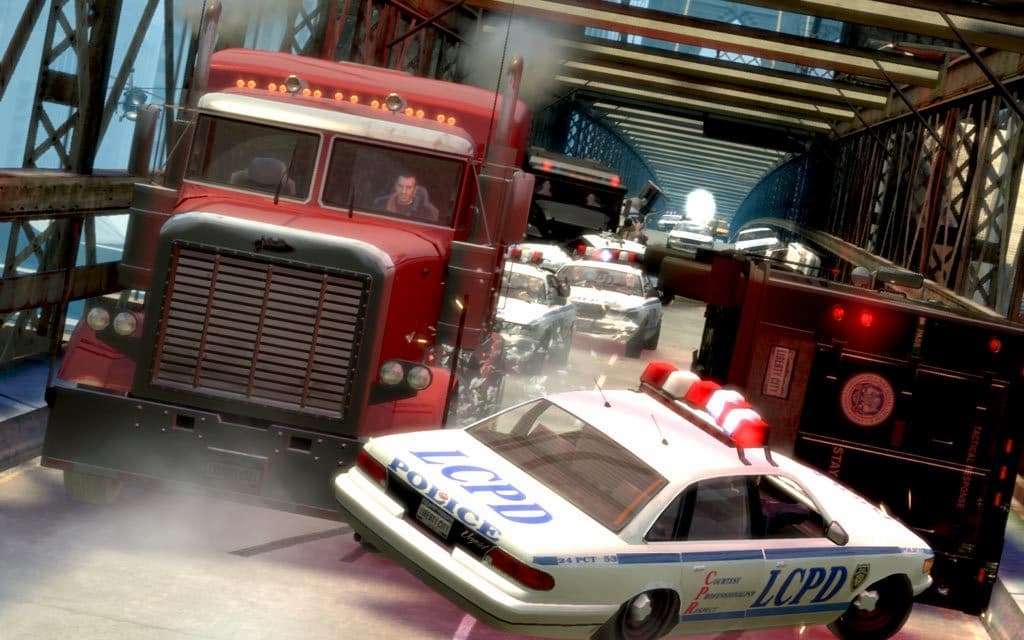 Niko Bellic in GTA4 ramming cars in a big truck
