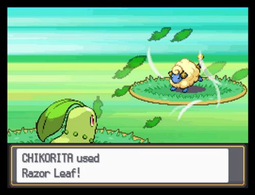 Pokemon HeartGold SoulSilver screenshot of Chikorita fighting a Mareep