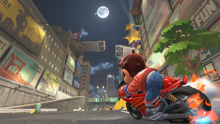 Mario drifting in a motorcycle in Mario Kart World