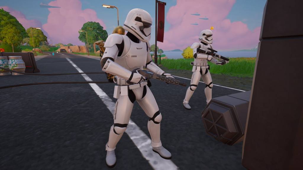 Disguised as a Stormtrooper standing by another trooper in Fortnite
