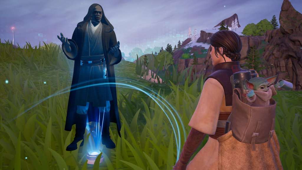 Leia talking to Mace Windu hologram in Fortnite