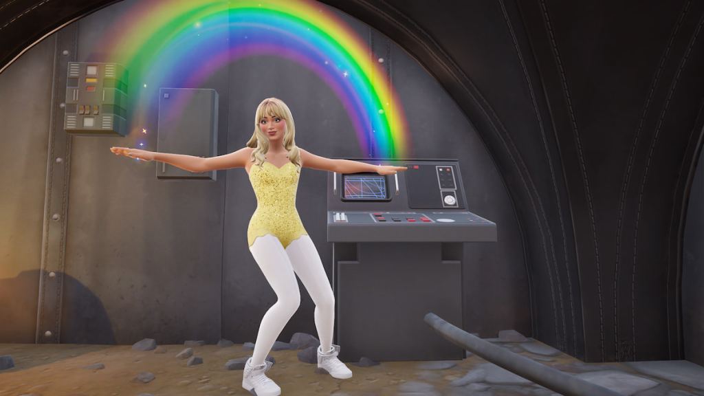 Sabrina Carpenter dancing by a data pad with intel in Fortnite
