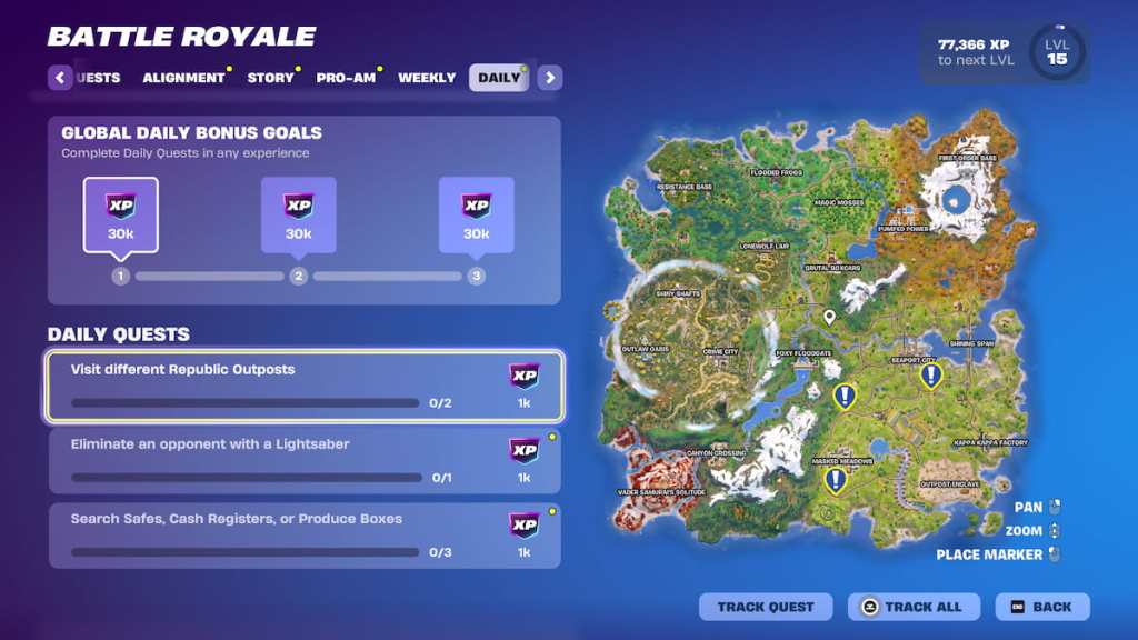 Three Republic Outposts marked on the map in Fortnite