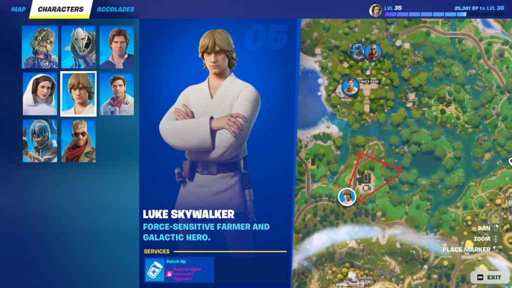 Luke Skywalker's training path in Fortnite