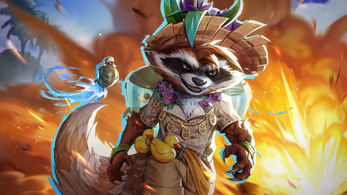 Rocket Raccoon wearing a summer outfit walking away from explosion in Marvel Rivals