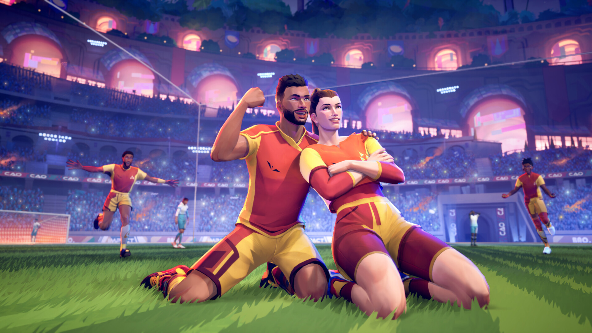 Promo Art for Rematch where two players are celebrating together