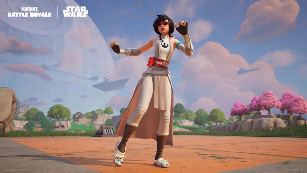 Evie wearing Grogu Crocs in Fortnite
