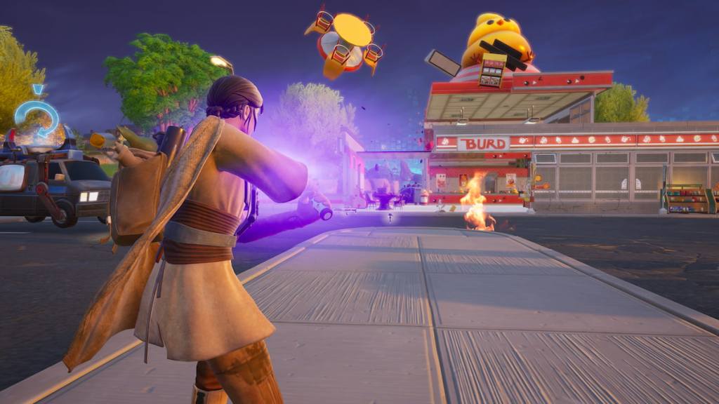 Using Mace Windu's training to destroy a gas station in Fortnite