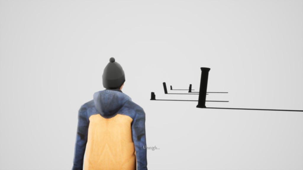 Back of Marcus Stetson looking at pillars in a completely white room 