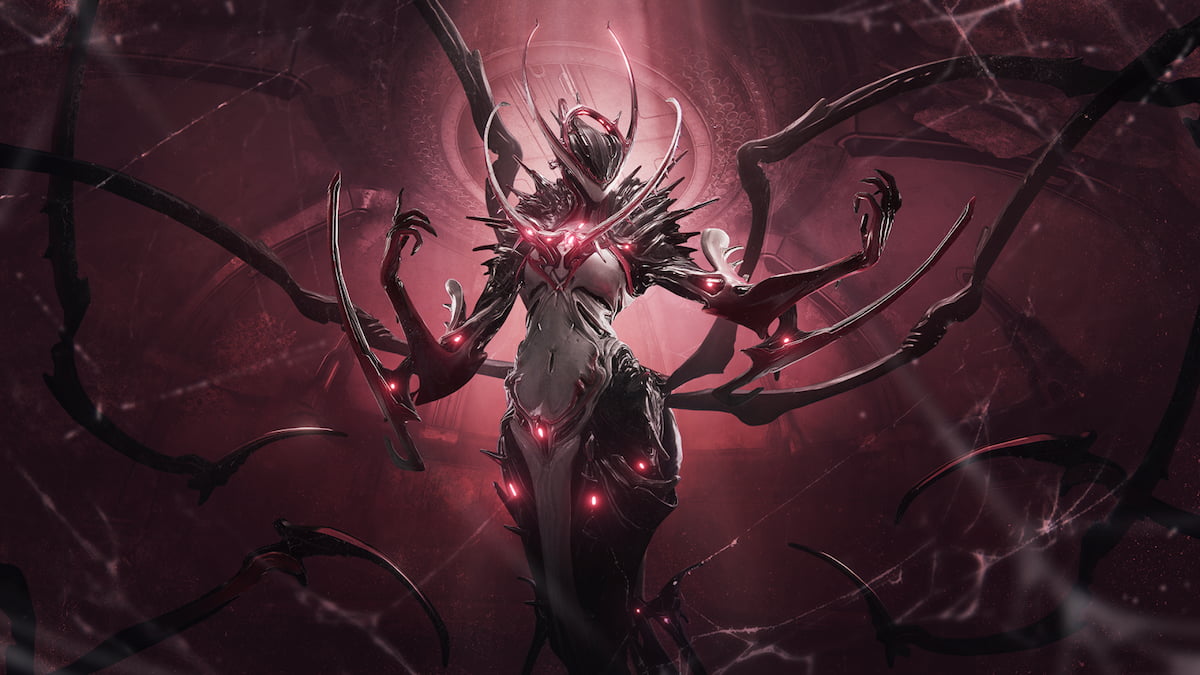 Oraxia, a spider-inspired Warframe with multiple legs. Webs appear on the background.