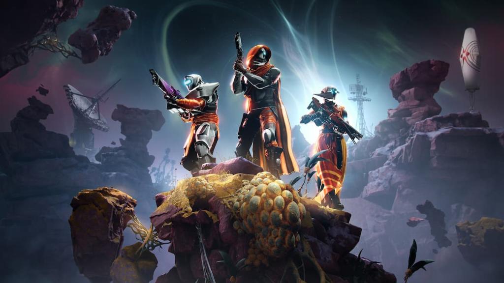Three Guardians clad in Edge of Fate armor pose for a promotional image in Destiny 2