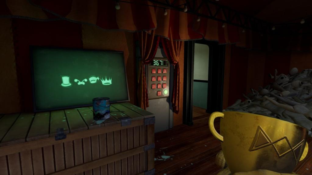 3671 on Theatre upper level door with hat symbols on board next to it