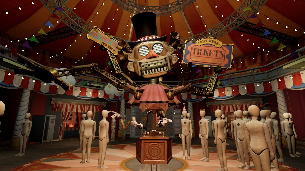 Big Top at the center of the Theater, holding up a tickets sign with mannequins surrounding him