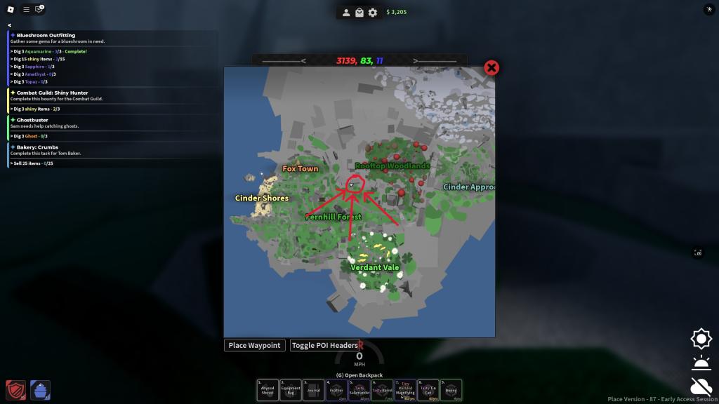 Cinder Cavern map location in Roblox Dig