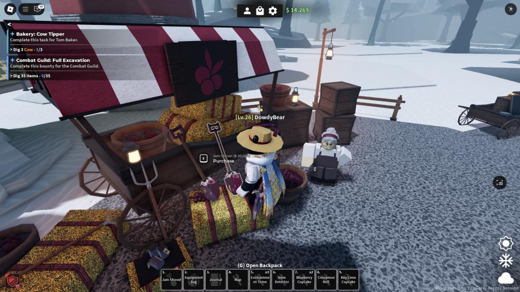 A Roblox Dig player is looking at a shovel