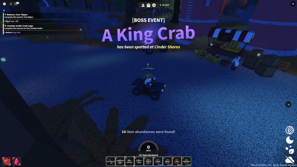 A Roblox Dig player is in a car and there is a message that a boss has spawned