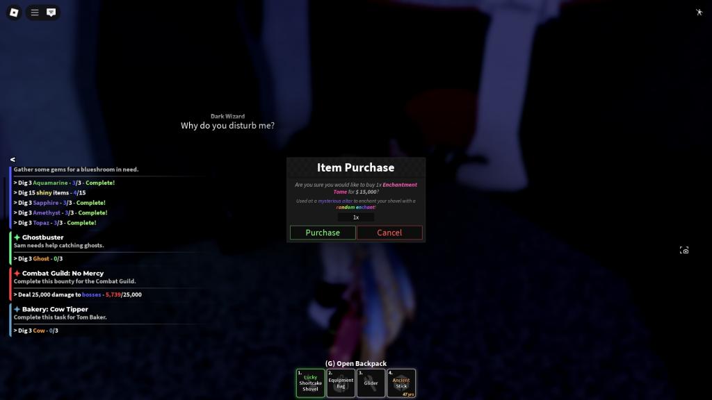 Roblox Dig player is about to buy an enchantment tome from the Dark Wizard