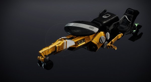 This gold-and-black sparrow has a circular device on its hood, dyed black and with a white stripe on it.