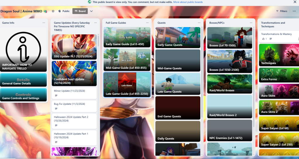Official Dragon Soul Trello home screen with multiple cards