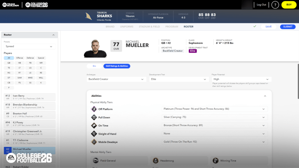 Player customization option in College Football  26 Team Builder Website