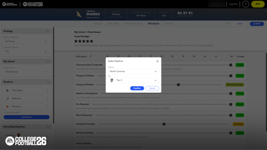 Pipeline customization option on Team Builder website in College Football 26