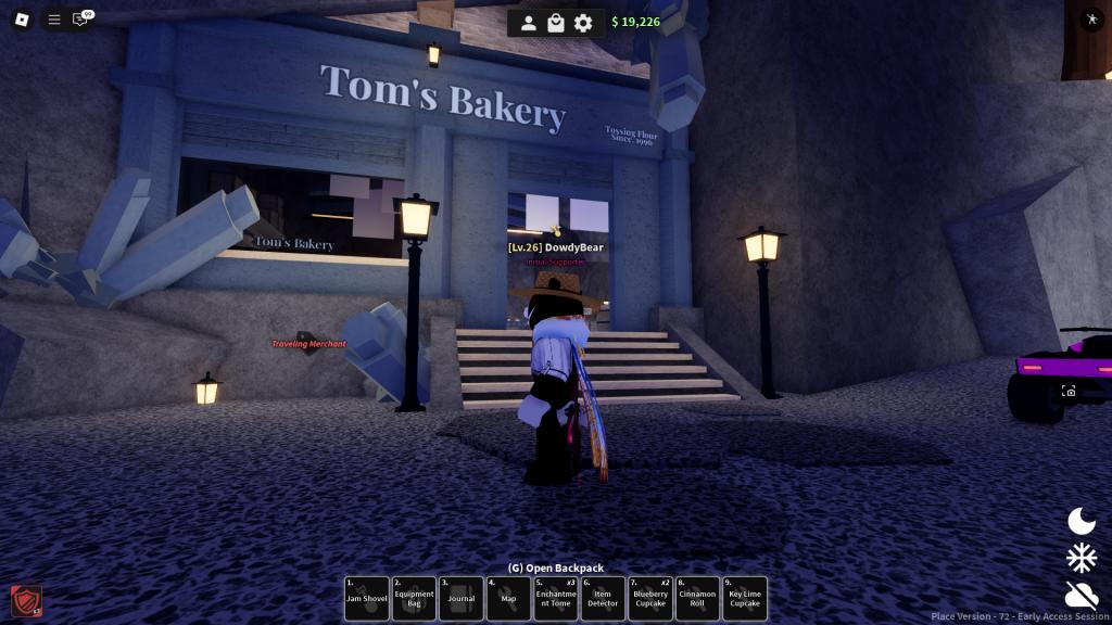 A Roblox Dig player is standing in front of Tom's Bakery