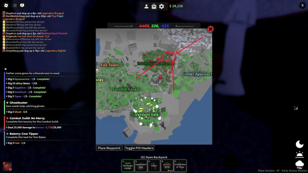 The map location of the Wizard tower in Roblox Dig