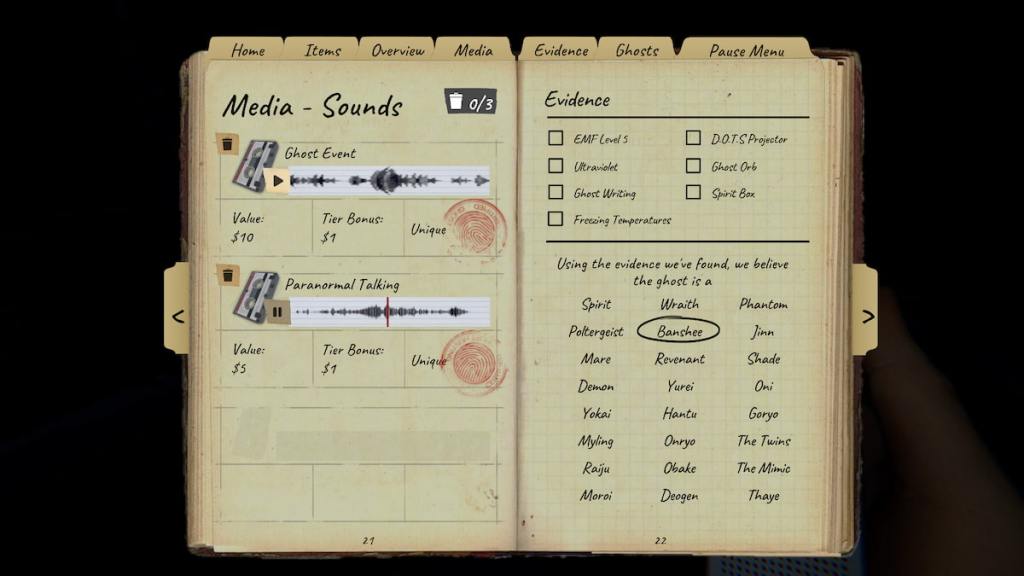 Sound evidence in journal in Phasmophobia