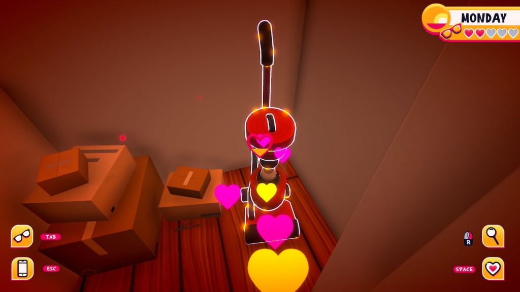 Sending pink and yellow hearts at a red vacuum to awaken it in Date Everything! 