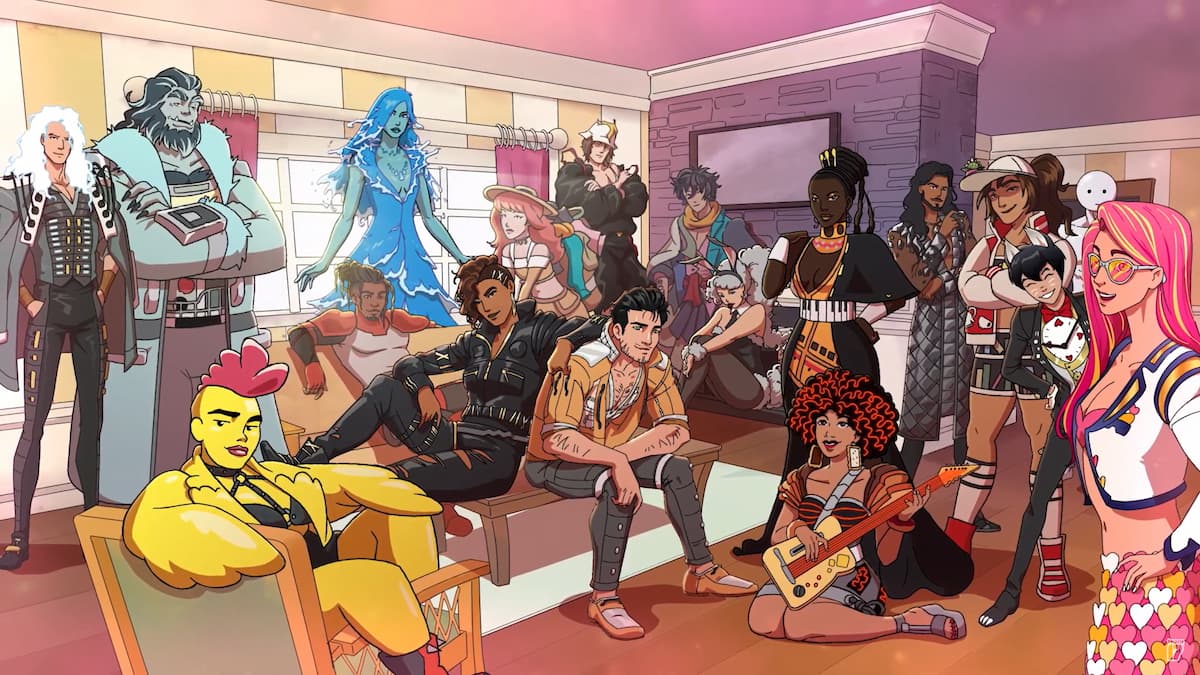 A bunch of Date Everything! characters gathered by a couch