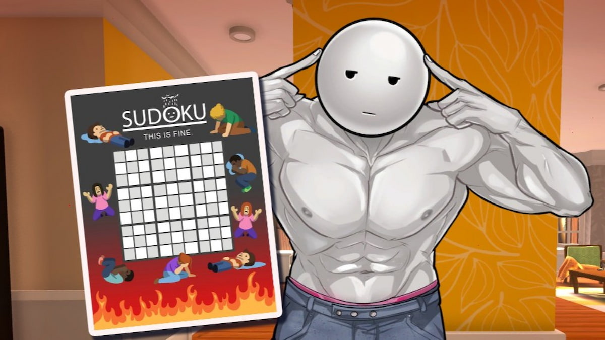 Doug with his hands pointing to his head standing next to a Sudoku puzzle book in Date Everything!