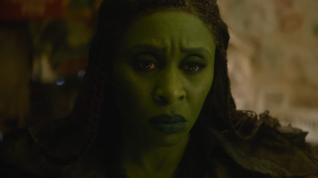 A close up of elphaba's face in wicked: for good