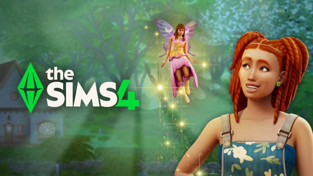 Two fairies smiling at each other next to The Sims 4 logo, one who is tiny and flying with wings and one who is regular Sim sized and has orange hair
