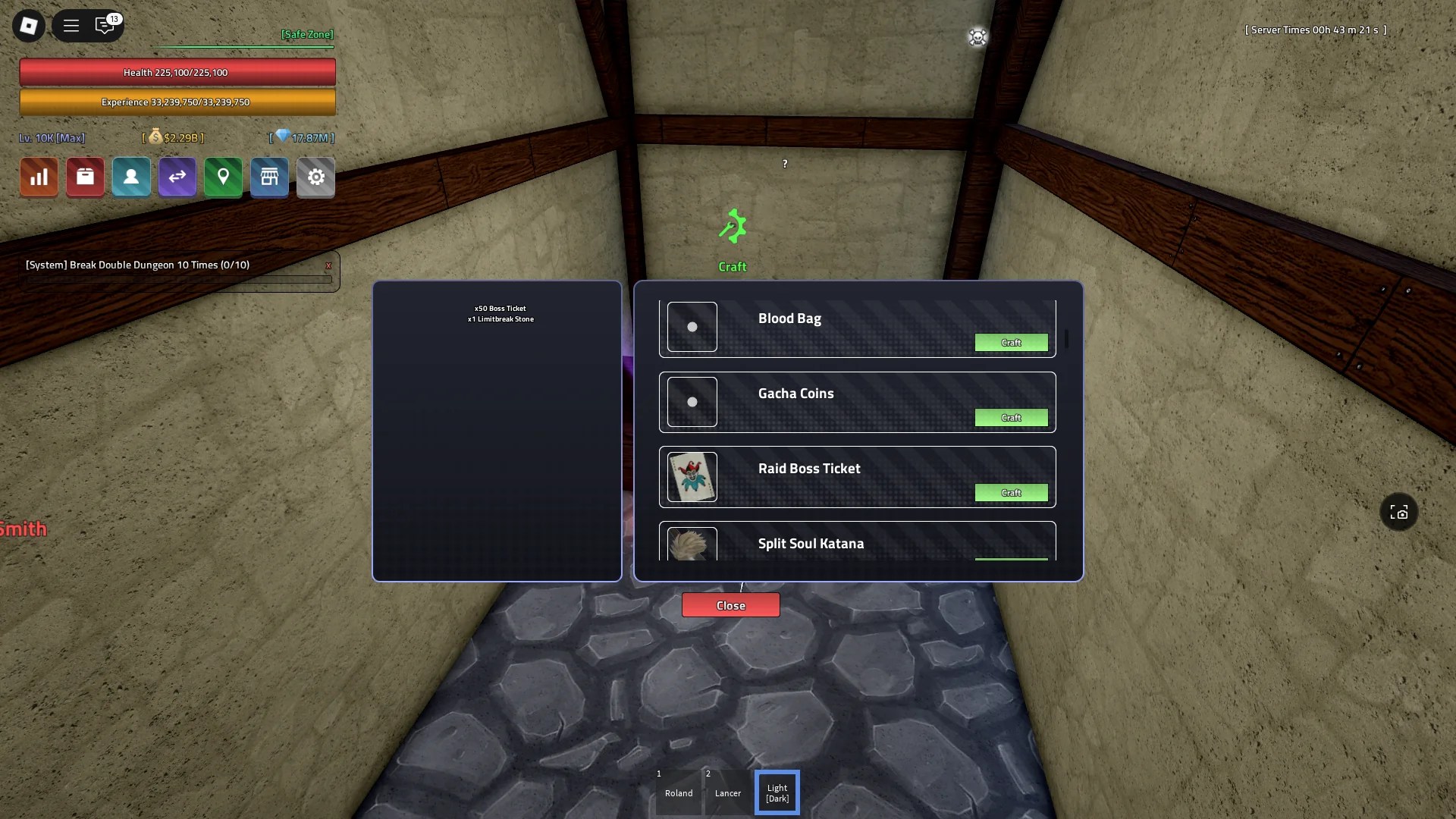 A player crafting Raid Boss Tickets at the Craft NPC in Verse Piece Roblox experience.