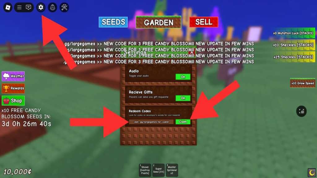 Redeeming codes in Grow a Garden Modded